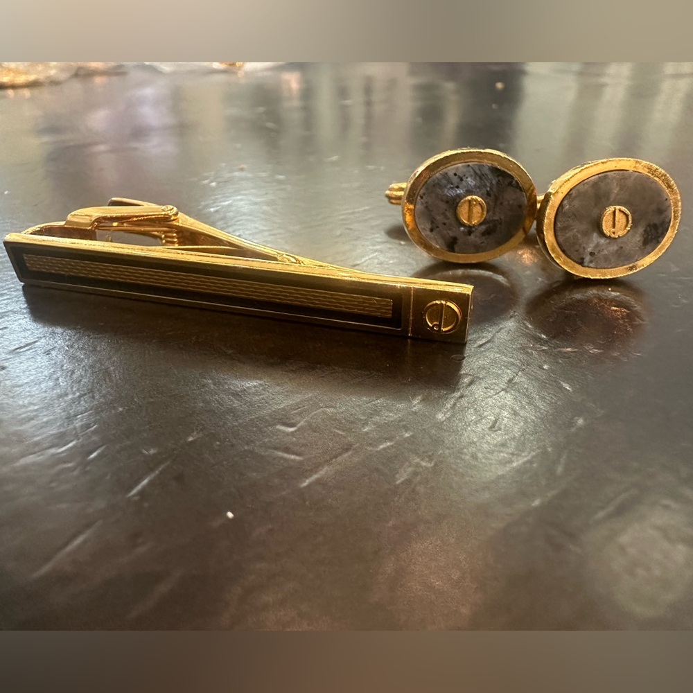 Dunhill Mother of Pearl Gold Tone Cufflinks & Dunhill Tie Clip